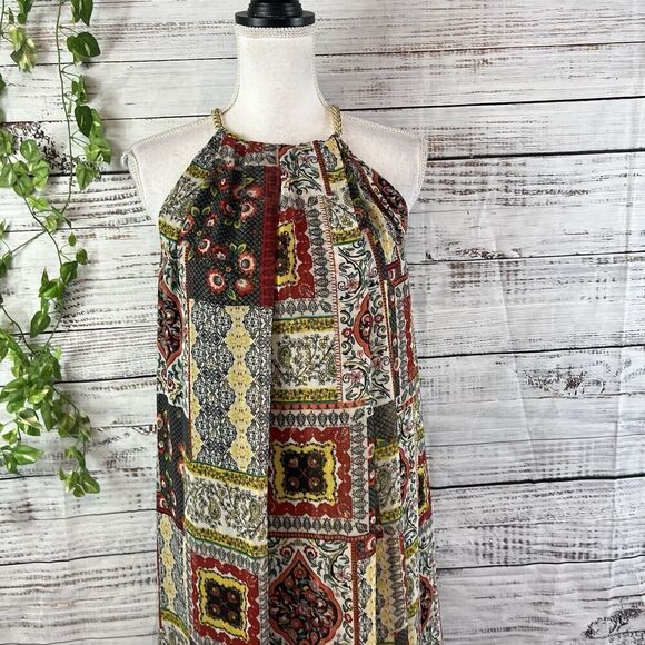 Tahari Dress size Small Orange Blue Gold Floral Paisley Boho Sheer Trapeze Boho - Picture 6 of 16
